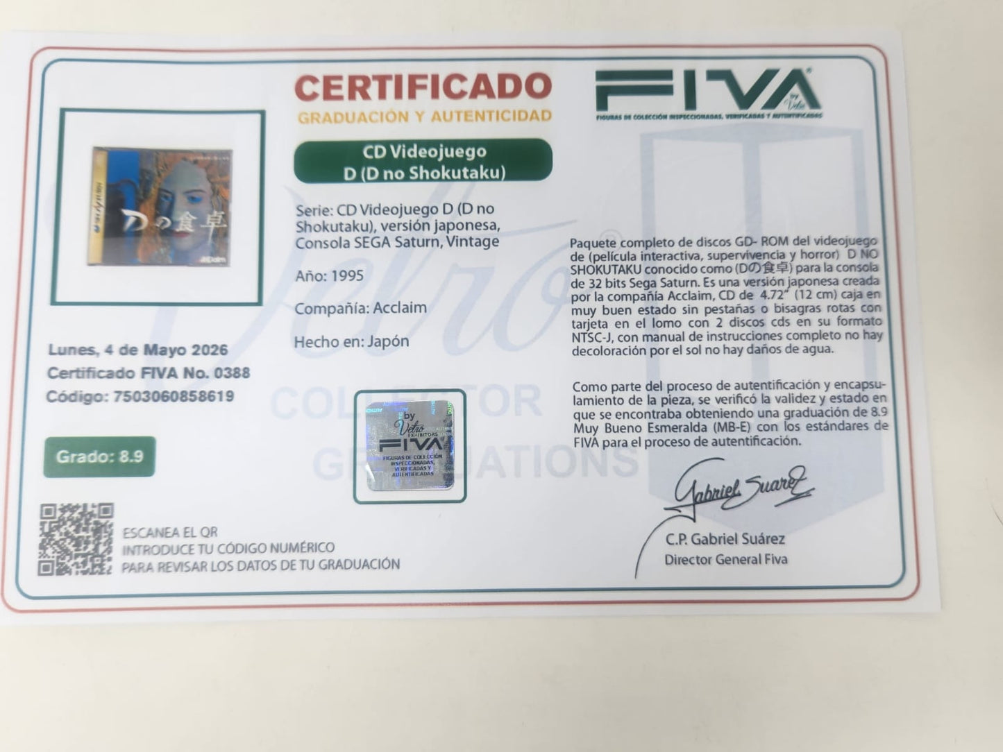 D NO SHOKUTAKU - SEGA SATURN - WARP INC 1995 - KENJI ENO - CERTIFICADA POR FIVA