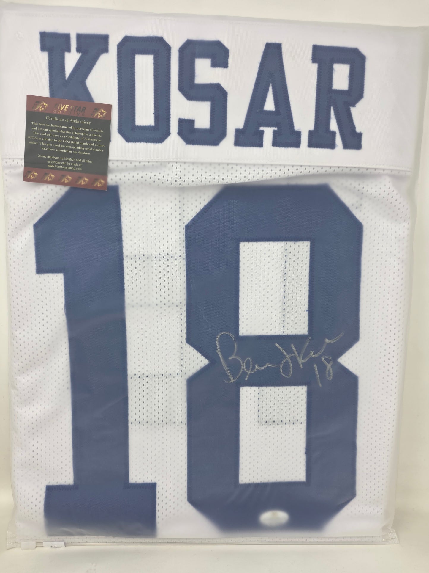 JERSEY AUTOGRAFIADO — BERNIE KOSAR #18 Dallas Cowboys  ·  Certificado Five Star Grading  ·  Cert. FS219342