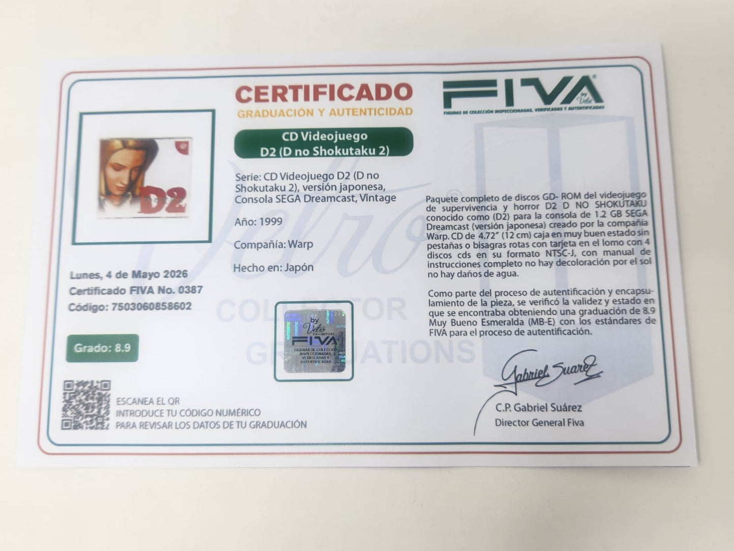 D2 - SEGA DREAMCAST - WARP INC. 2000 - KENJI ENO - CERTIFICADA POR FIVA