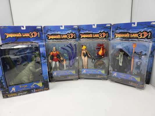 Set Completo Series One — Dragon's Lair 3D — Don Bluth Presents — Action Figures — AnJon / AVCI, 2002 — Las Cuatro Figuras en Empaque Original: Singe, Dirk the Daring, Princess Daphne y Mordroc